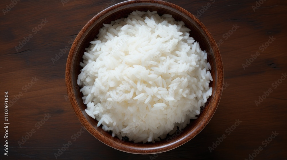 Bowl of freshly cooked fluffy white rice on wooden table top view Bowl of freshly cooked fluffy white rice on wooden table top view
