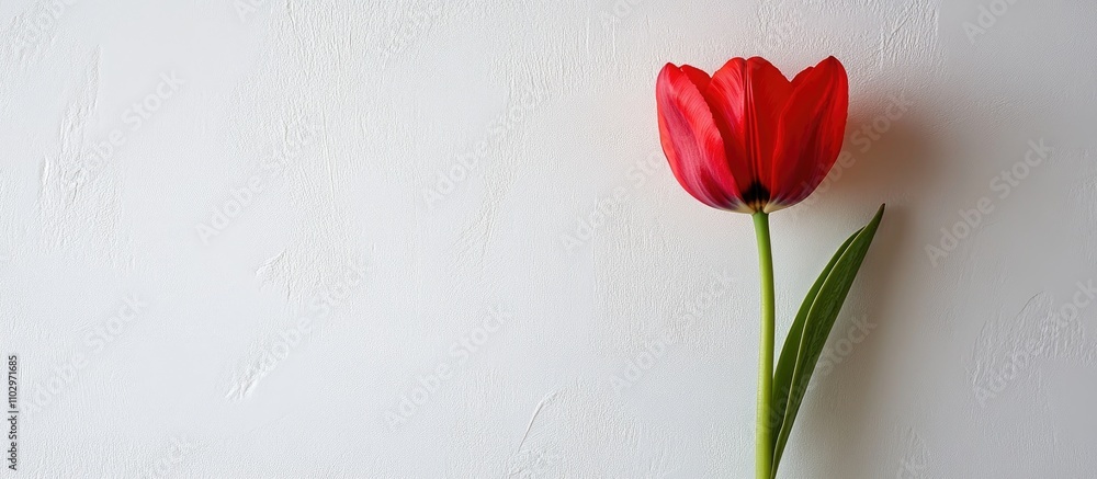 Vibrant red tulip elegantly positioned on a clean white background symbolizing beauty and freshness in nature Vibrant red tulip elegantly positioned on a clean white background symbolizing beauty and freshness in nature