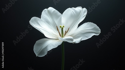 Elegant wilting white tulip isolated on a dark backdrop showcasing delicate petals and subtleties of nature's beauty in decline