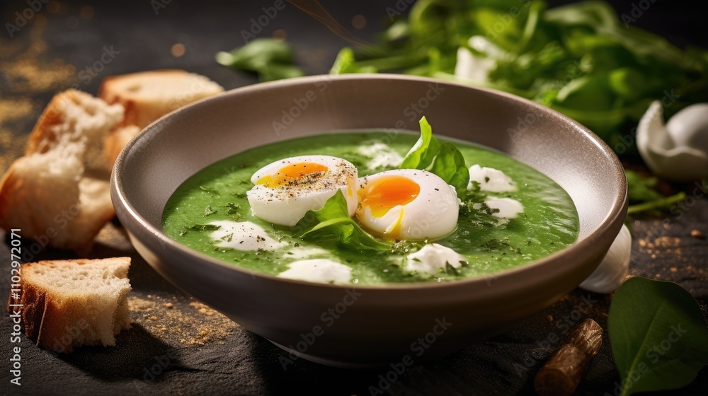 Spinach soup with poached eggs fresh croutons and herbs presented in a stylish bowl for culinary advertisement purposes Spinach soup with poached eggs fresh croutons and herbs presented in a stylish bowl for culinary advertisement purposes