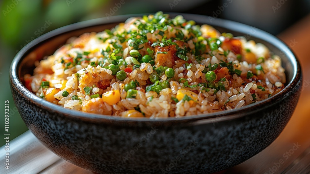 Savory fried rice with spices and vegetables served in a black bowl for a delicious lunch meal Savory fried rice with spices and vegetables served in a black bowl for a delicious lunch meal