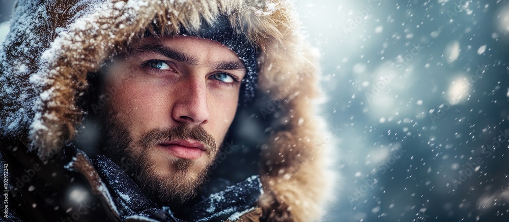 Man in winter attire facing the camera against a snowy backdrop conveying resilience and strength in harsh cold conditions Man in winter attire facing the camera against a snowy backdrop conveying resilience and strength in harsh cold conditions