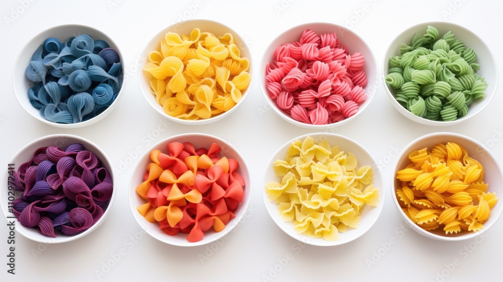 Colorful pasta varieties arranged in bowls on a white background showcasing vibrant textures and hues for culinary and food photography. Colorful pasta varieties arranged in bowls on a white background showcasing vibrant textures and hues for culinary and food photography.