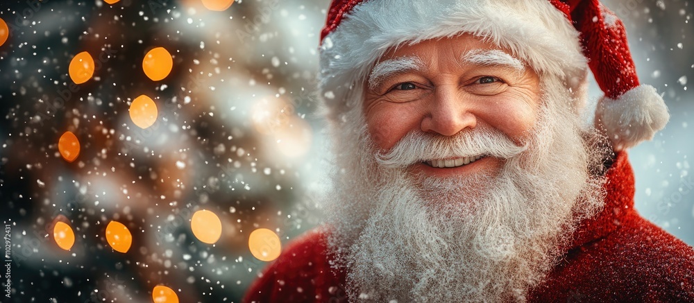 Santa Claus celebrating New Year with Christmas tree and festive lights in a snowy atmosphere. Santa Claus celebrating New Year with Christmas tree and festive lights in a snowy atmosphere.