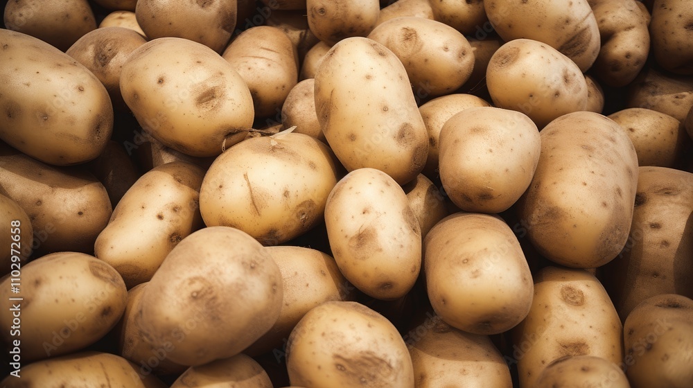 Freshly harvested organic potatoes stacked in a market showcasing agricultural abundance and natural texture for culinary use. Freshly harvested organic potatoes stacked in a market showcasing agricultural abundance and natural texture for culinary use.
