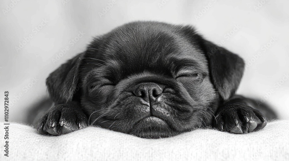 Sleepy black pug puppy resting peacefully on a soft surface with a calm expression against a soft neutral backdrop. Sleepy black pug puppy resting peacefully on a soft surface with a calm expression against a soft neutral backdrop.