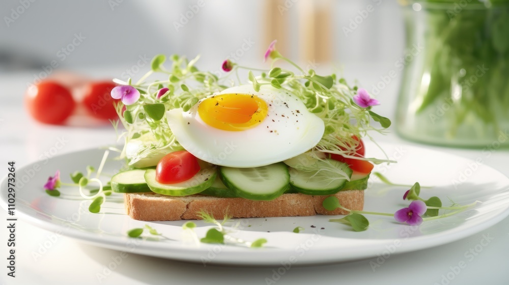 Fresh vegetarian breakfast sandwich with cream cheese, cucumber, avocado, tomatoes, and pea sprouts garnished with edible flowers on a white plate Fresh vegetarian breakfast sandwich with cream cheese, cucumber, avocado, tomatoes, and pea sprouts garnished with edible flowers on a white plate