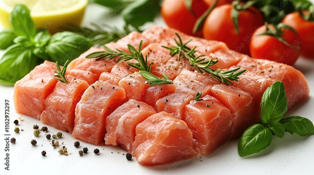 Freshly diced chicken fillet garnished with herbs and spices on a white surface surrounded by fresh vegetables and lemon slices Freshly diced chicken fillet garnished with herbs and spices on a white surface surrounded by fresh vegetables and lemon slices