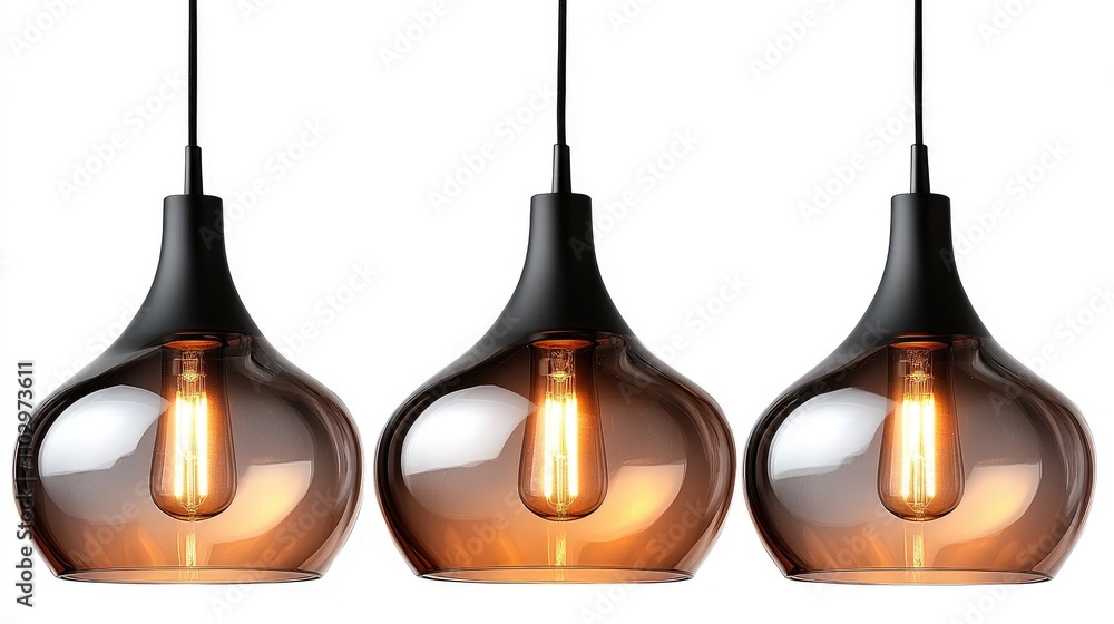 Modern pendant light set featuring three stylish glass chandeliers isolated on white background for contemporary interior design. Modern pendant light set featuring three stylish glass chandeliers isolated on white background for contemporary interior design.