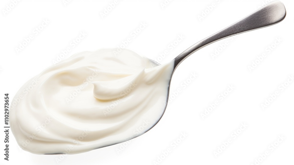 Sour cream spread on a stainless steel spoon isolated on a bright white background for culinary and food photography use Sour cream spread on a stainless steel spoon isolated on a bright white background for culinary and food photography use