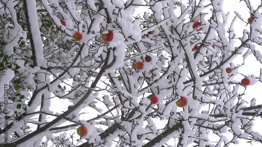 Apples covered in snow on tree branches in winter slow motion vertical shot Apples covered in snow on tree branches in winter slow motion vertical shot