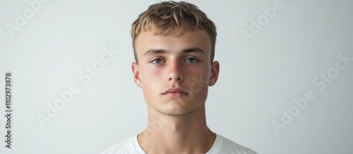 Young man portrait with neutral expression on a white background showcasing youth and simplicity in contemporary photography photo