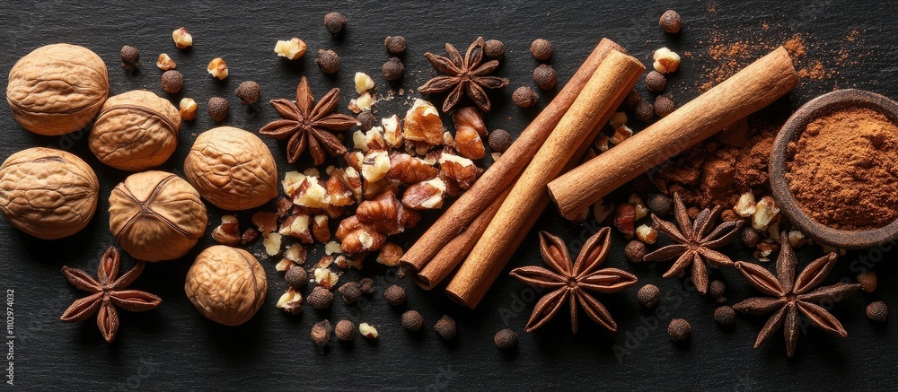 Fragrant spices and nuts including anise stars cloves and cinnamon sticks arranged on a dark surface perfect for seasonal baking and desserts Fragrant spices and nuts including anise stars cloves and cinnamon sticks arranged on a dark surface perfect for seasonal baking and desserts