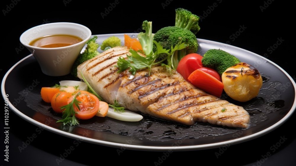 Grilled snapper fish steak served with colorful vegetables and a flavorful dipping sauce on a stylish black plate Grilled snapper fish steak served with colorful vegetables and a flavorful dipping sauce on a stylish black plate