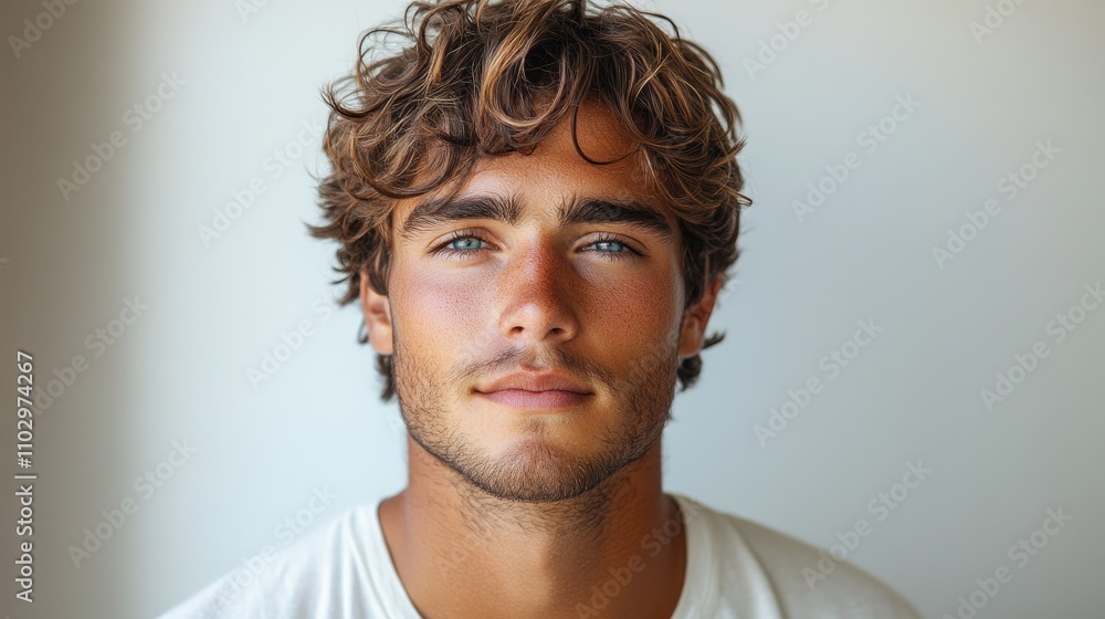 Young man with curly hair and captivating blue eyes posed against a neutral background exuding confidence and charm. Young man with curly hair and captivating blue eyes posed against a neutral background exuding confidence and charm.