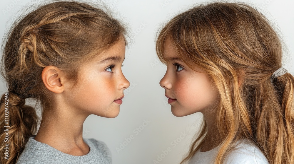 Two young girls facing each other with neutral expressions against a soft white background illustrating innocence and curiosity. Two young girls facing each other with neutral expressions against a soft white background illustrating innocence and curiosity.