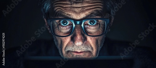 Man in glasses intensely focused on tablet screen in dark setting illustrating the concept of deep observation and engagement with technology photo