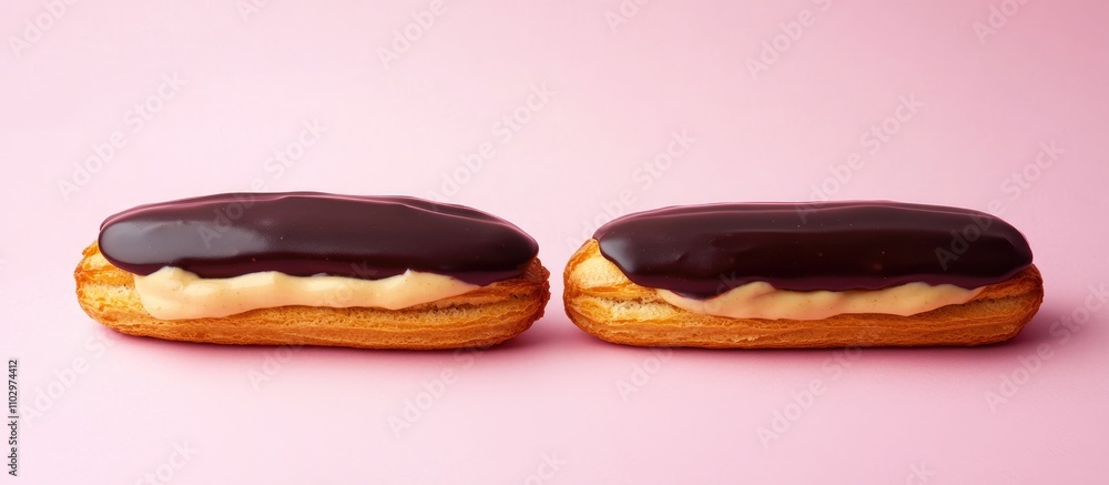 Eclairs with custard and chocolate icing on a pink background showcasing traditional homemade dessert elegance and culinary artistry. Eclairs with custard and chocolate icing on a pink background showcasing traditional homemade dessert elegance and culinary artistry.