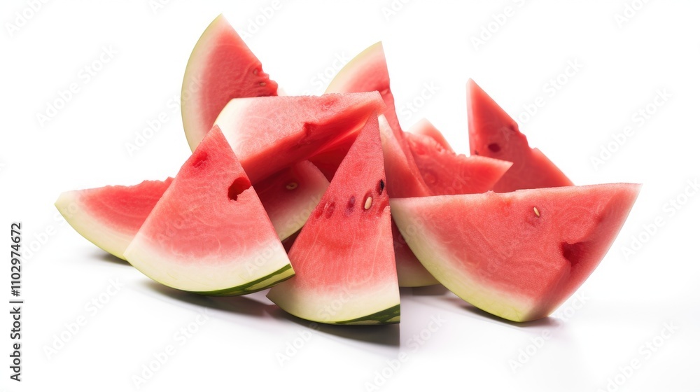 Fresh watermelon slices arranged on a clean white background showcasing vibrant colors and juicy texture ideal for summer themes and healthy eating.