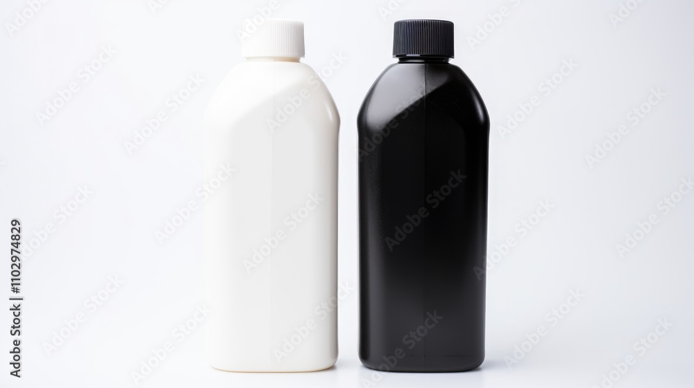 Black and white plastic shampoo and hair mask bottles on a minimalistic white background for beauty product advertising and marketing usage Black and white plastic shampoo and hair mask bottles on a minimalistic white background for beauty product advertising and marketing usage