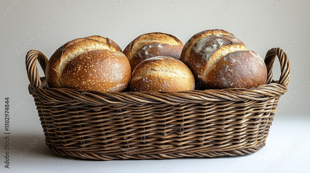 Wicker basket filled with an assortment of freshly baked artisanal bread on a neutral background for culinary display and promotion. Wicker basket filled with an assortment of freshly baked artisanal bread on a neutral background for culinary display and promotion.