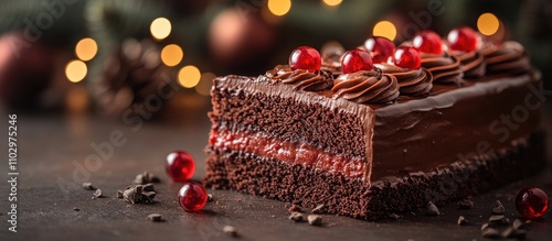Festive chocolate cake slice with red cherries and decorative lights in the background creating a warm holiday ambiance.