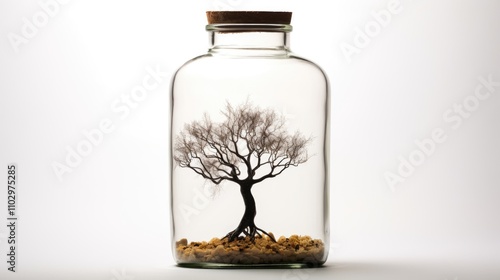 Tree in a glass bottle symbolizing savings and nature on a minimalist white background highlighting environmental conservation themes photo