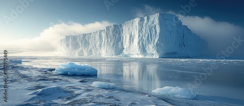 Imposing iceberg towering over a serene glacial outwash plain reflecting the tranquility of a pristine arctic landscape photo