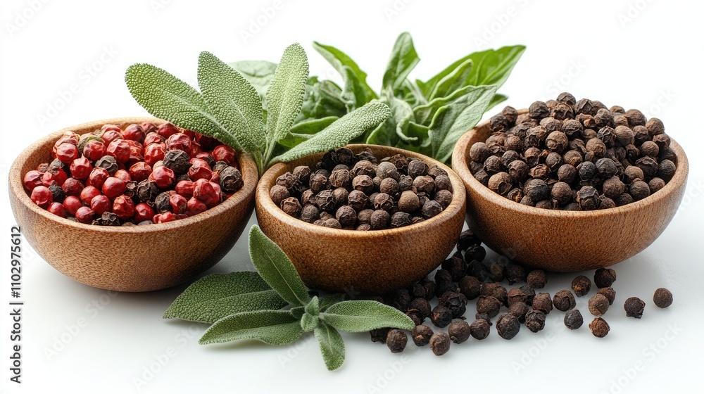 Assorted aromatic herbs and spices in wooden bowls against a clean white background ideal for culinary and gourmet food themes Assorted aromatic herbs and spices in wooden bowls against a clean white background ideal for culinary and gourmet food themes