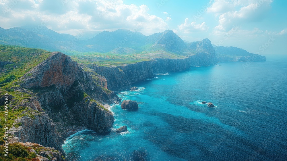 Majestic rugged mountains rise above a tranquil sea along a stunning rocky coastline under a bright sky Majestic rugged mountains rise above a tranquil sea along a stunning rocky coastline under a bright sky