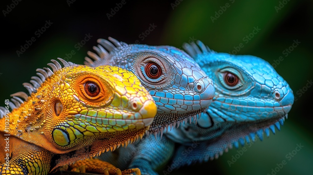 Fototapeta premium Vibrant Iguanas in Natural Habitat Showcasing Colorful Scales and Distinct Features of Anoles in Lush Green Background