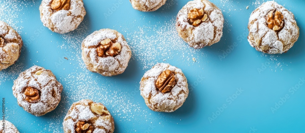Homemade Arabic cookies with date and walnut filling dusted with powdered sugar on a blue background, top view arrangement Homemade Arabic cookies with date and walnut filling dusted with powdered sugar on a blue background, top view arrangement