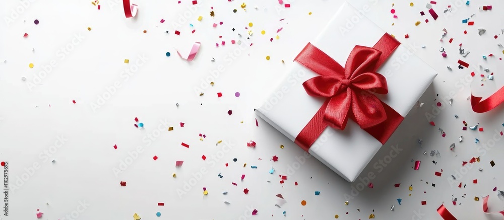 Elegant white gift box adorned with a red satin ribbon and bow surrounded by colorful confetti on a bright white background. Elegant white gift box adorned with a red satin ribbon and bow surrounded by colorful confetti on a bright white background.