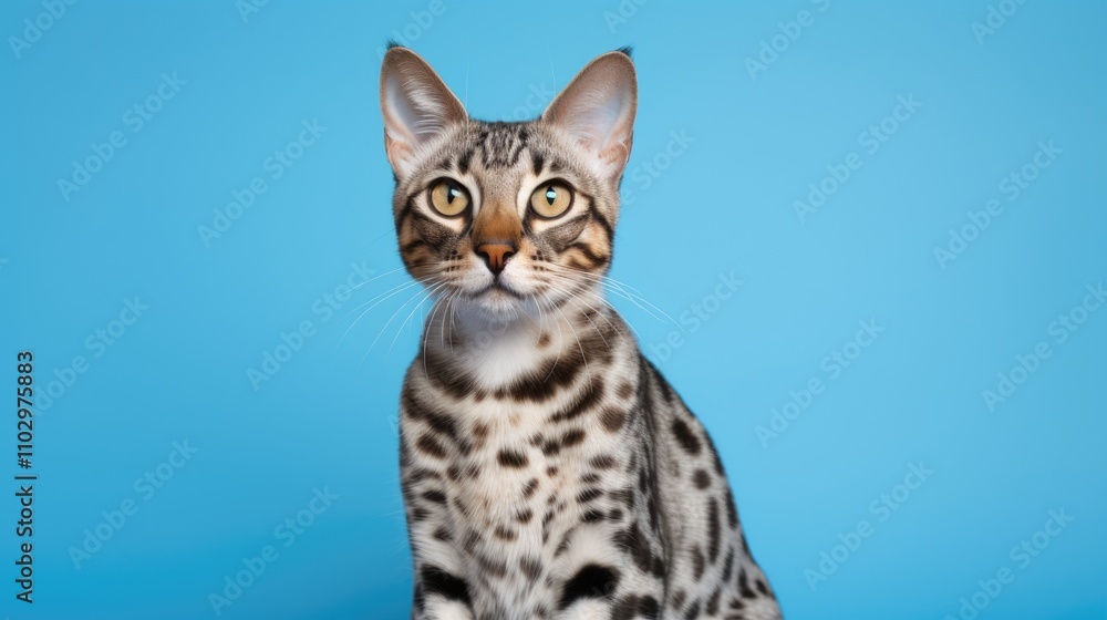 Domestic spotted cat portrait on light blue background showcasing its vibrant eyes and unique fur pattern in a studio setting. Domestic spotted cat portrait on light blue background showcasing its vibrant eyes and unique fur pattern in a studio setting.