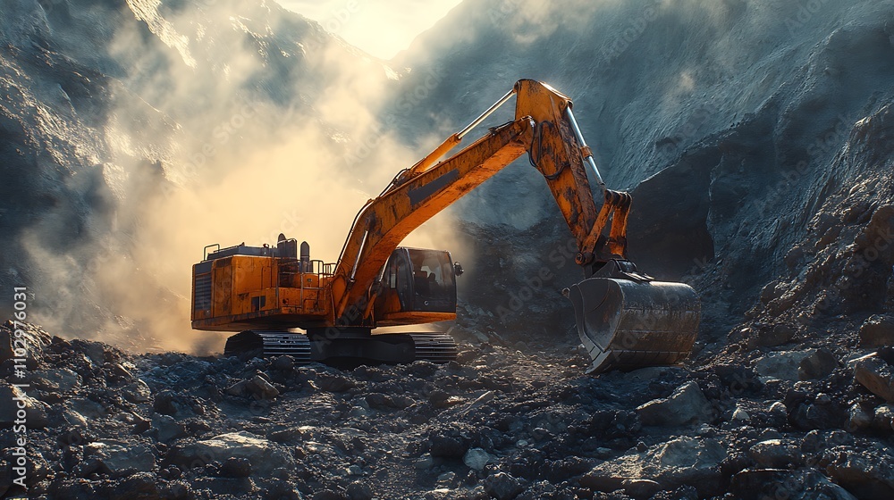 Excavator digging deep into rocky ground, dust and debris flying, rugged terrain with piles of dirt, bright sunlight casting strong shadows, high-detail textures, photorealistic look, Excavator digging deep into rocky ground, dust and debris flying, rugged terrain with piles of dirt, bright sunlight casting strong shadows, high-detail textures, photorealistic look,