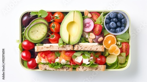 Wholesome lunchbox filled with fresh sandwiches vibrant veggies fruits and berries on a white background ideal for healthy eating concepts photo