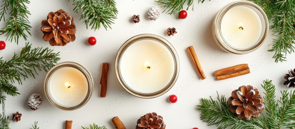 Decorative candles surrounded by cinnamon sticks pine cones and rowan berries on a light background perfect for seasonal themes and festivities Decorative candles surrounded by cinnamon sticks pine cones and rowan berries on a light background perfect for seasonal themes and festivities