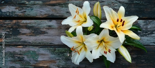 Elegant white lilies beautifully arranged on rustic wooden background showcasing nature's charm and delicate floral details.