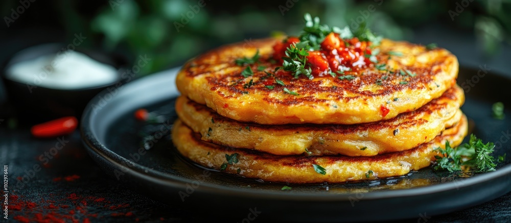 Pumpkin and corn pancakes topped with yogurt, olive oil, and chili sauce on a dark background garnished with fresh herbs. Pumpkin and corn pancakes topped with yogurt, olive oil, and chili sauce on a dark background garnished with fresh herbs.