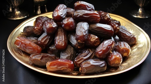 Sukkari dates a sweet delicacy served on celebration days beautifully arranged on a golden platter photo