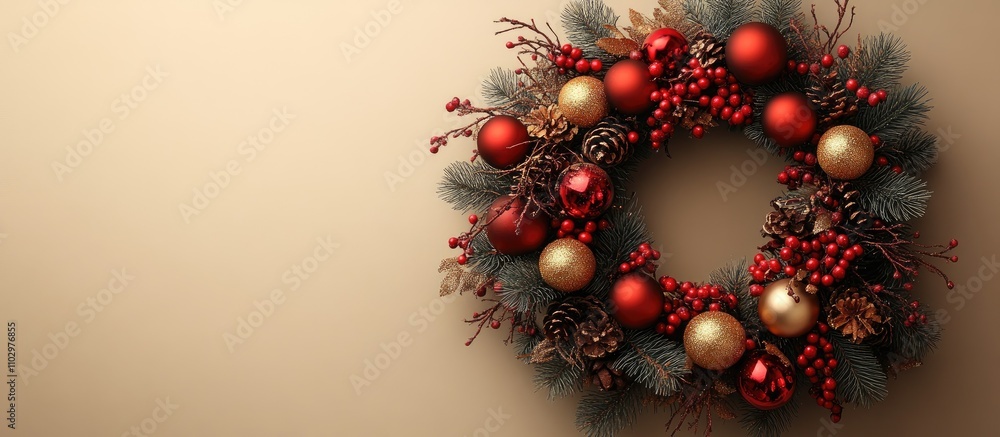 Christmas wreath adorned with gold and red ornaments with pinecones on a soft beige background festive holiday decoration concept Christmas wreath adorned with gold and red ornaments with pinecones on a soft beige background festive holiday decoration concept