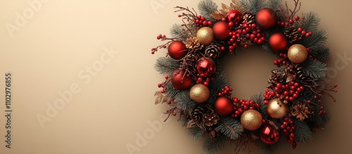 Christmas wreath adorned with gold and red ornaments with pinecones on a soft beige background festive holiday decoration concept photo