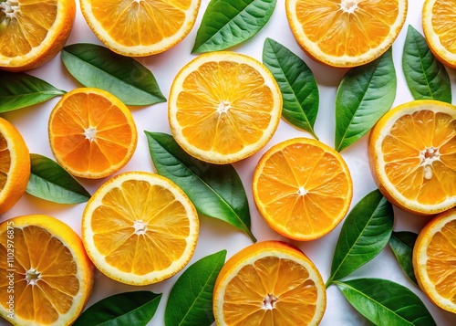 Minimalist Orange Slices & Leaves, White Background AI Photo