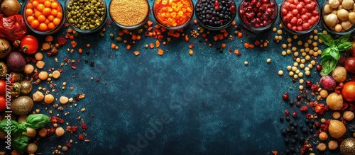 Panel kuchenny z motywem Birds eye view of colorful party supplies and spices arranged in a decorative border showcasing vibrant ingredients on a textured blue background