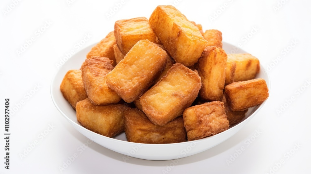 Crispy golden fried taro cubes served in a white bowl against a clean white background Crispy golden fried taro cubes served in a white bowl against a clean white background