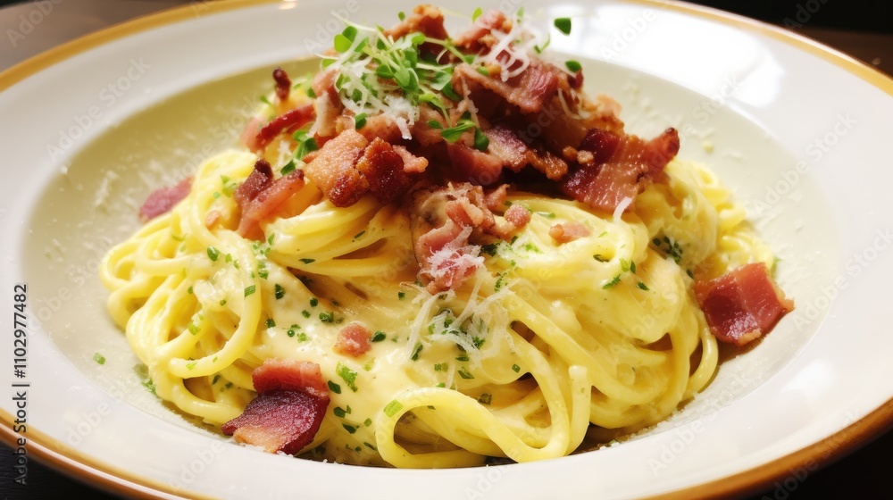 Delicious homemade spaghetti carbonara garnished with crispy bacon and fresh herbs served on a white plate Delicious homemade spaghetti carbonara garnished with crispy bacon and fresh herbs served on a white plate