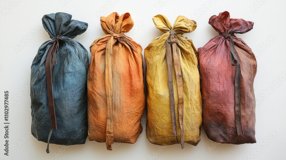 Colorful fabric bags tied with strings displayed against a clean white background showcasing texture and vintage appeal. Colorful fabric bags tied with strings displayed against a clean white background showcasing texture and vintage appeal.