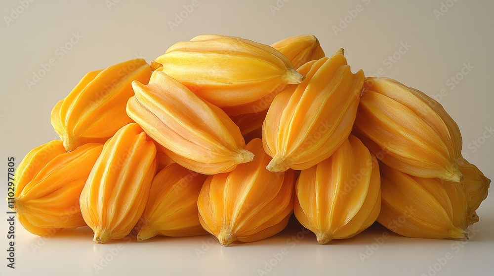 Ripe jackfruit pile displaying vibrant yellow hues on a neutral background showcasing its unique shape and texture. Ripe jackfruit pile displaying vibrant yellow hues on a neutral background showcasing its unique shape and texture.