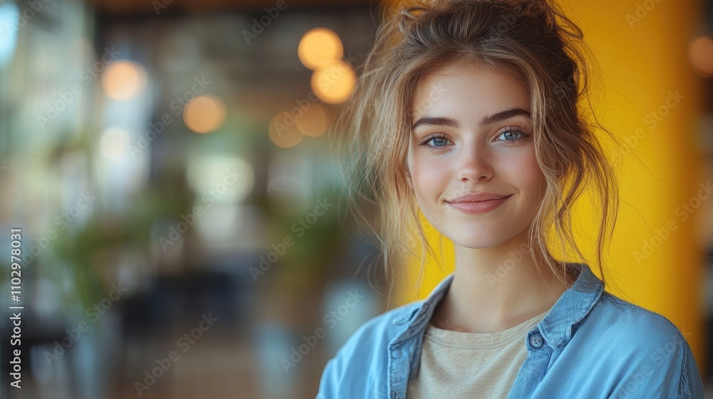 Young cheerful woman in blue shirt holding closed laptop gazing sideways in a studio with a bright yellow background. Young cheerful woman in blue shirt holding closed laptop gazing sideways in a studio with a bright yellow background.
