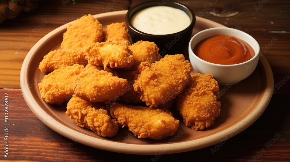 Crispy Chicken Nuggets Served with Dipping Sauces on a Wooden Table Crispy Chicken Nuggets Served with Dipping Sauces on a Wooden Table